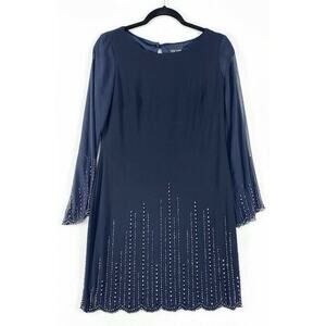 Xscape Evening Dress Women's 6 Blue With Silver Accent  Knee Length Mesh Sleeves